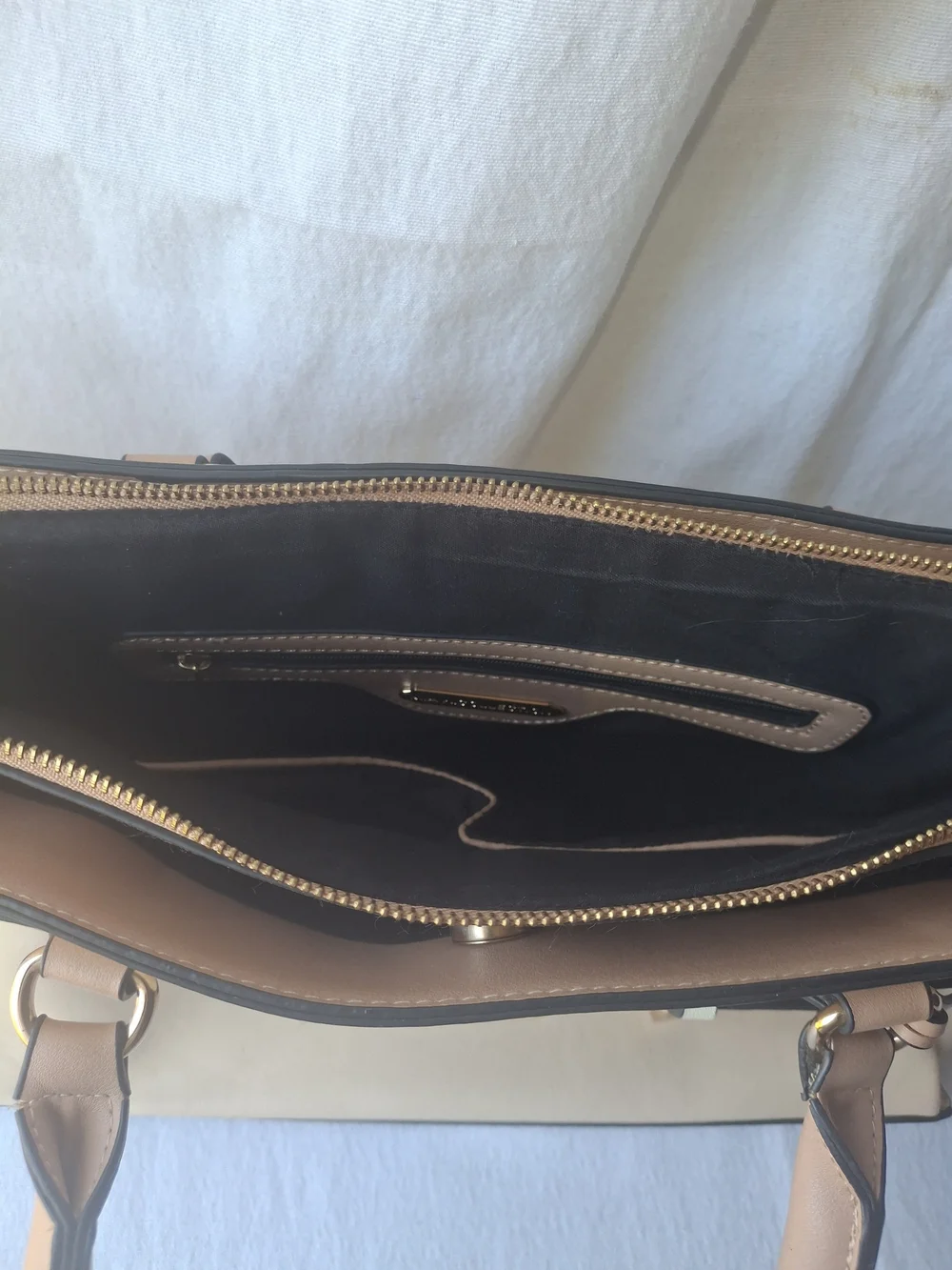 Two-Tone Beige & Tan Structured Satchel with Belt Detail